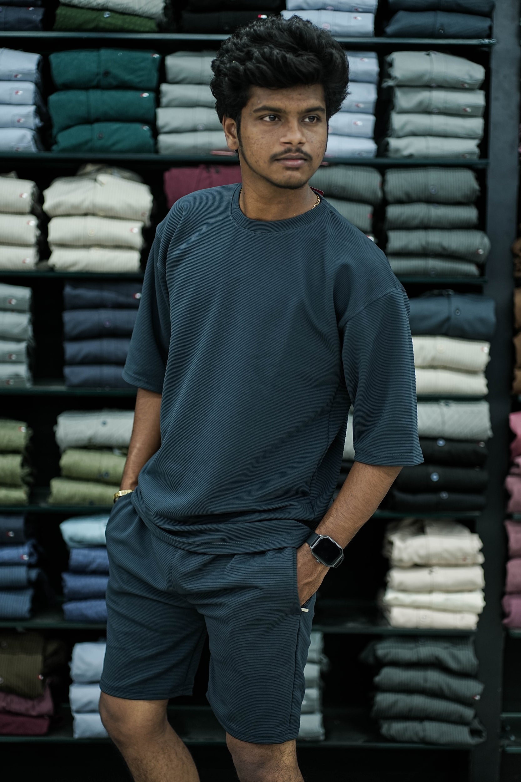 Five Sleeve Plain Co-ord Set Tshirt and Shorts - Dark Grey-7 Man