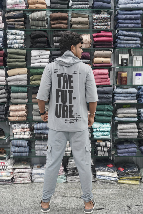 Five Sleeve FUTURE Printed Hoodie and Cargo Pant Co-ord Set for Men - Ash-7 Man