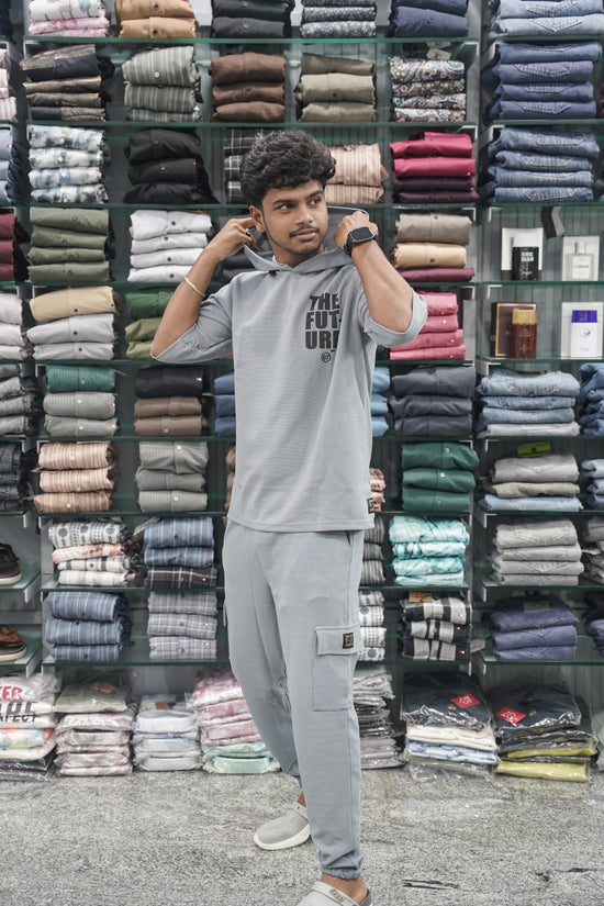 Five Sleeve FUTURE Printed Hoodie and Cargo Pant Co-ord Set for Men - Ash-7 Man