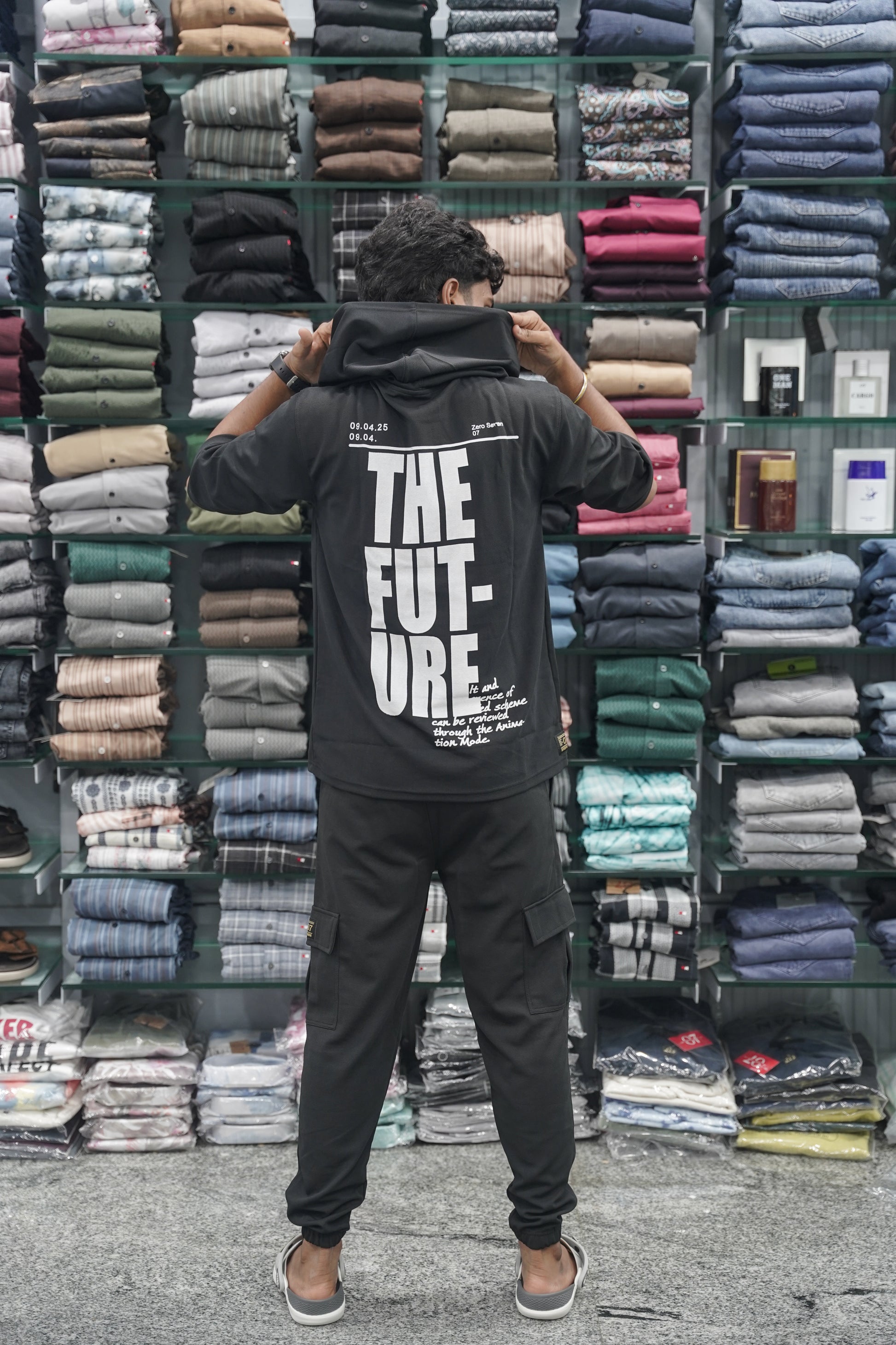 Five Sleeve FUTURE Printed Hoodie and Cargo Pant Co-ord Set for Men - Black-7 Man