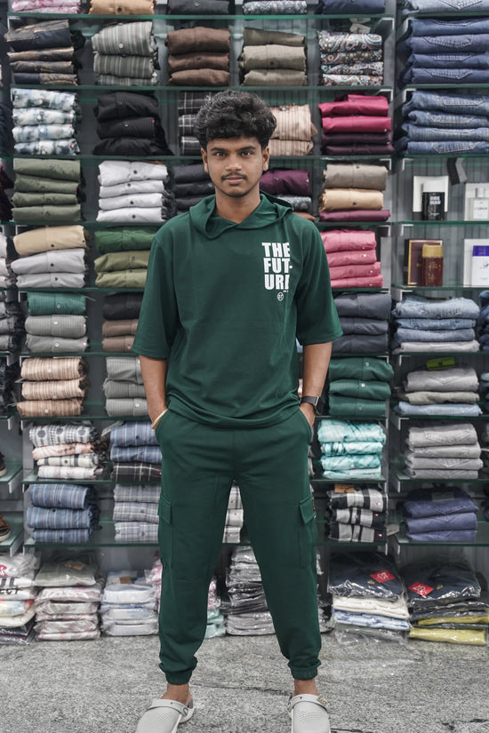 Five Sleeve FUTURE Printed Hoodie and Cargo Pant Co-ord Set for Men - Bottle Green-7 Man