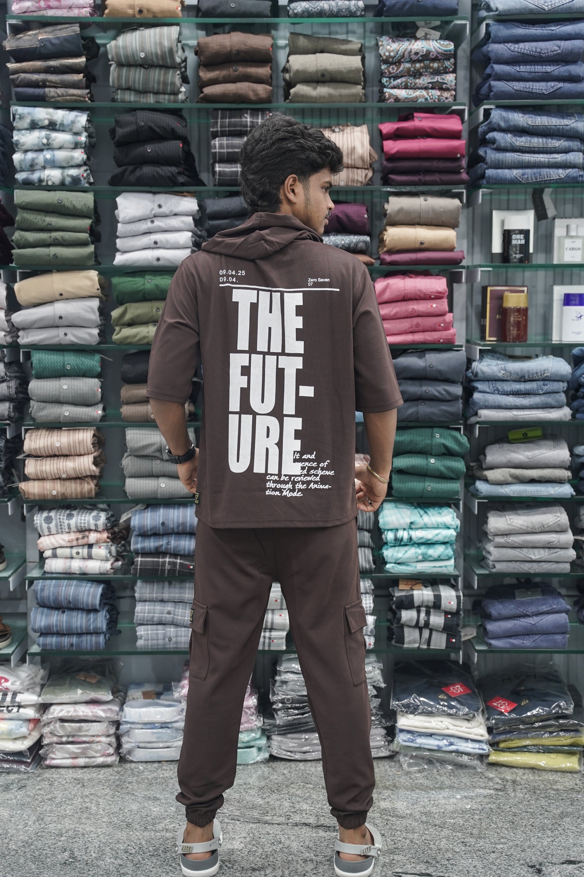 Five Sleeve FUTURE Printed Hoodie and Cargo Pant Co-ord Set for Men - Chocolate Brown-7 Man