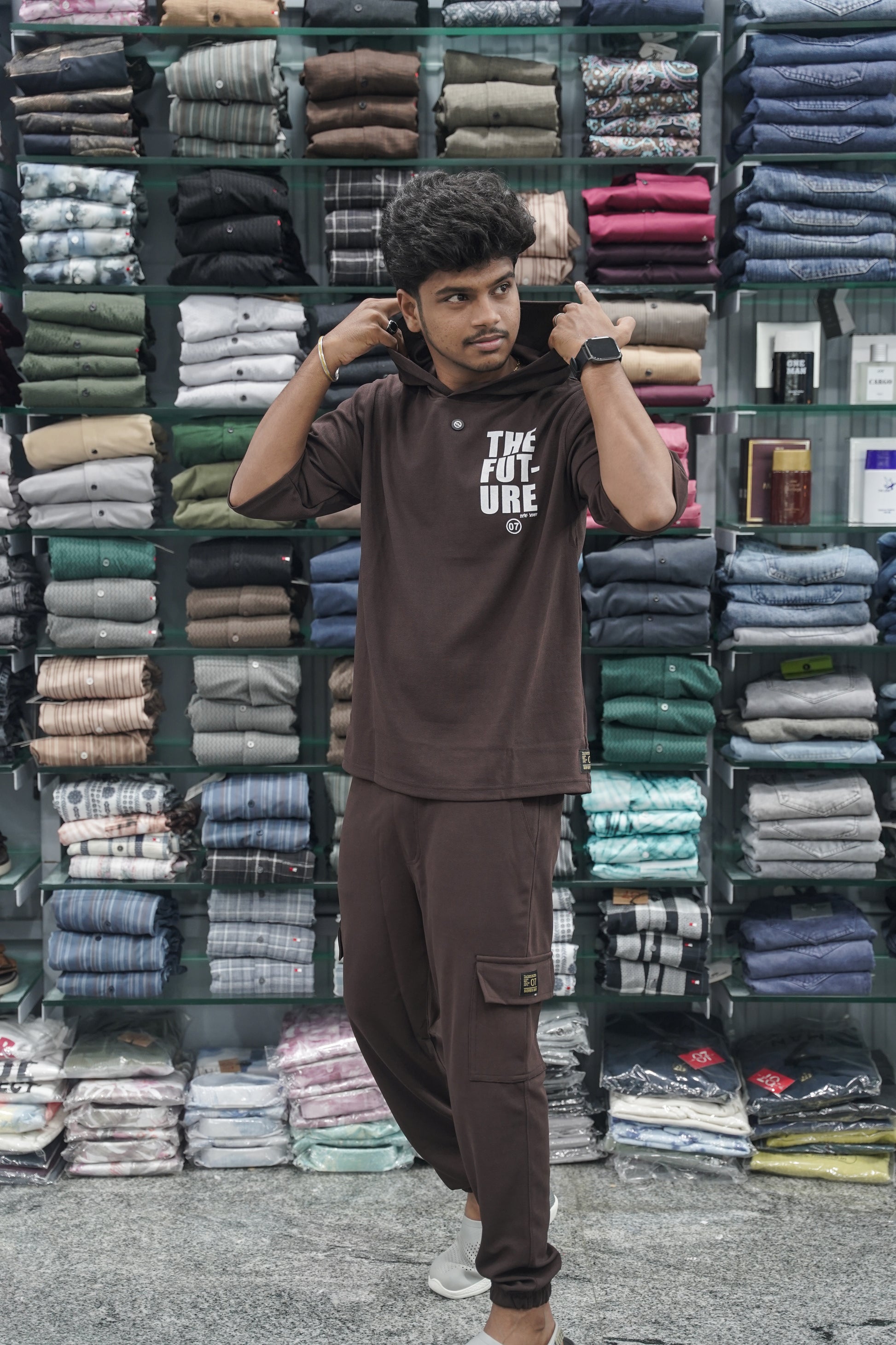 Five Sleeve FUTURE Printed Hoodie and Cargo Pant Co-ord Set for Men - Chocolate Brown-7 Man