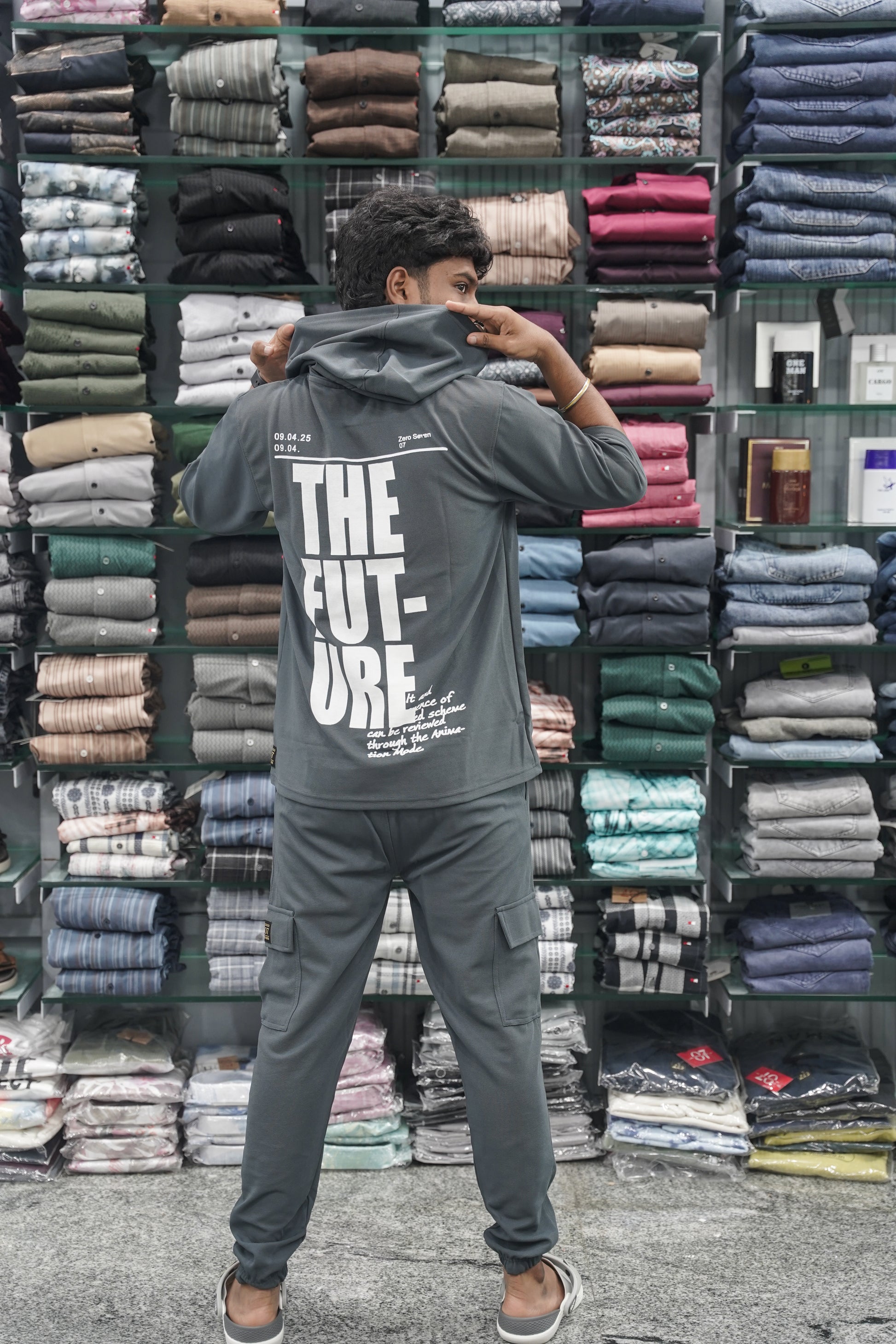 Five Sleeve FUTURE Printed Hoodie and Cargo Pant Co-ord Set for Men - Grey-7 Man