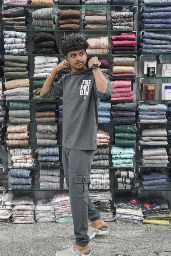 Five Sleeve FUTURE Printed Hoodie and Cargo Pant Co-ord Set for Men - Grey-7 Man