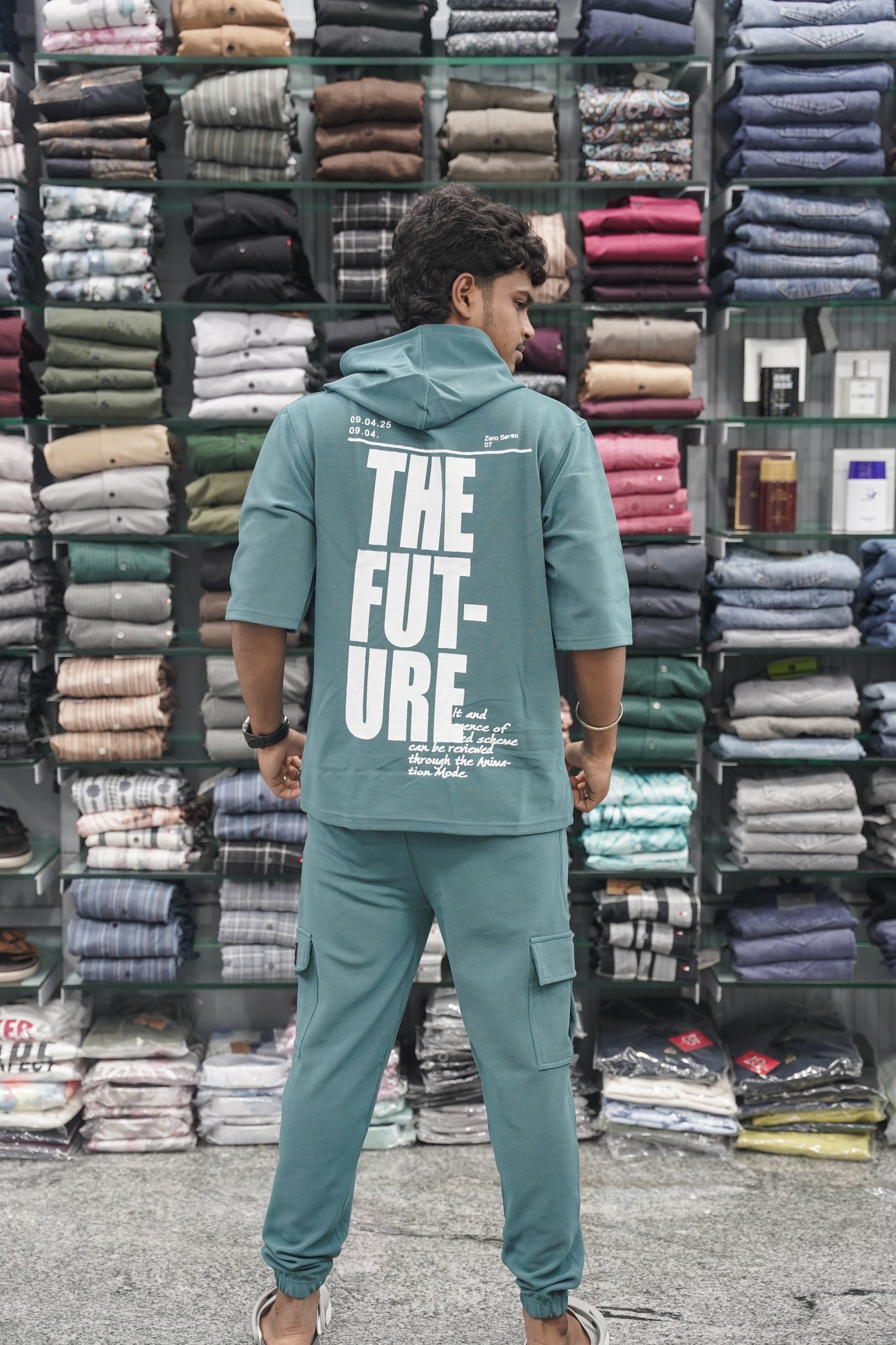 Five Sleeve FUTURE Printed Hoodie and Cargo Pant Co-ord Set for Men - Light Blue-7 Man