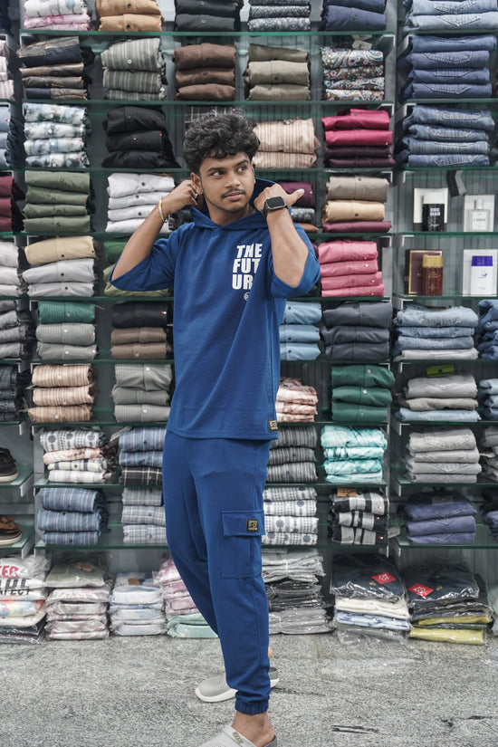 Five Sleeve FUTURE Printed Hoodie and Cargo Pant Co-ord Set for Men - Petrol Blue-7 Man