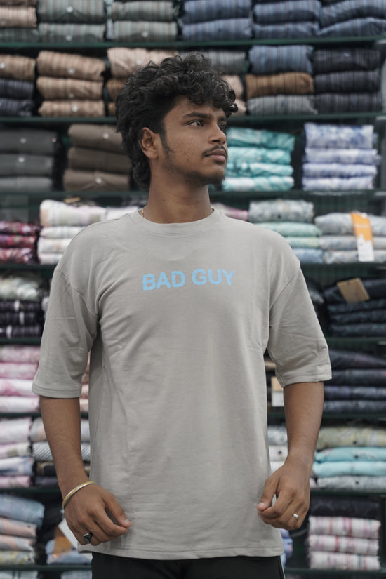 Five Sleeve Round Neck BAD GUY Printed Mens Tshirt - Ash-7 Man