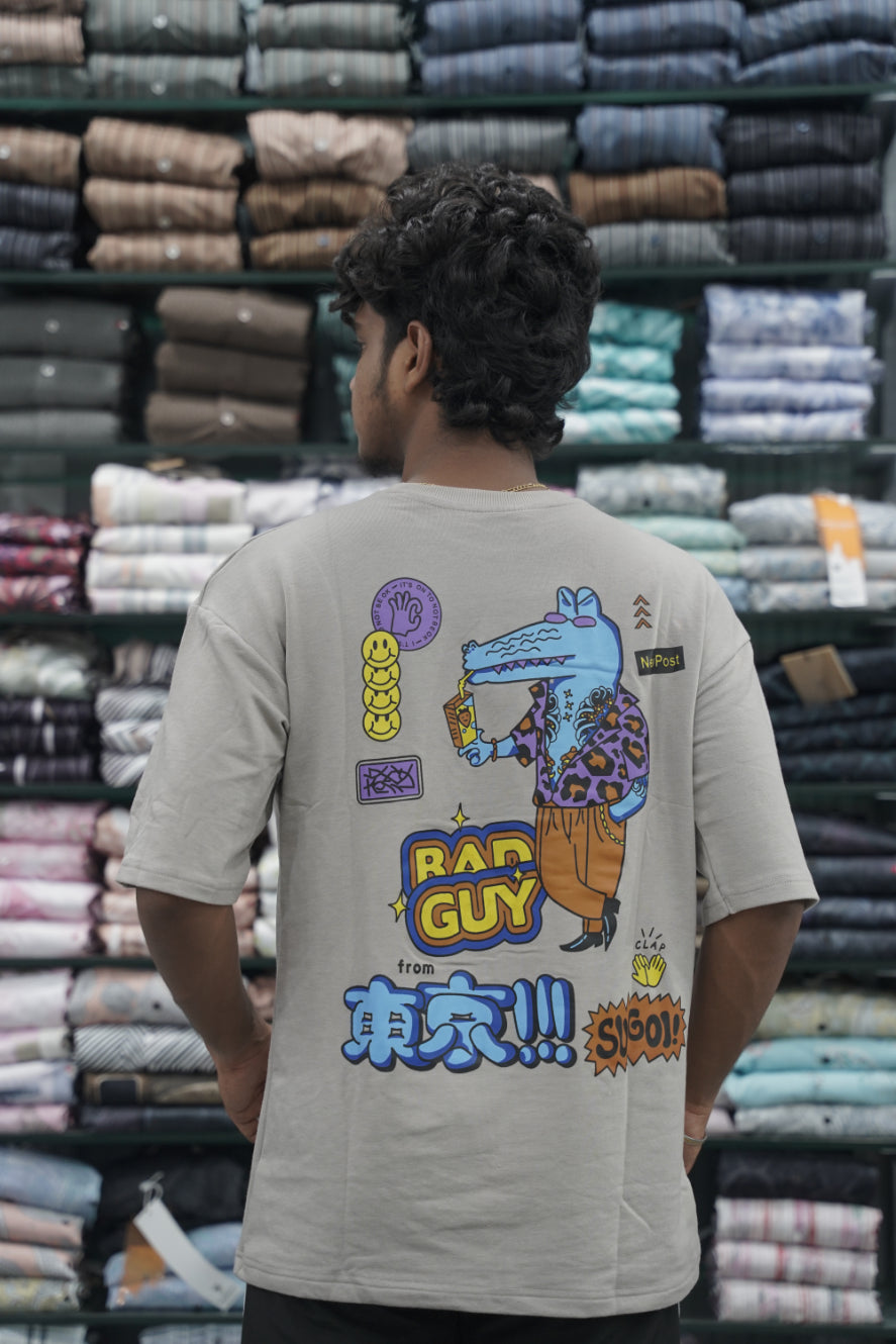 Five Sleeve Round Neck BAD GUY Printed Mens Tshirt - Ash-7 Man