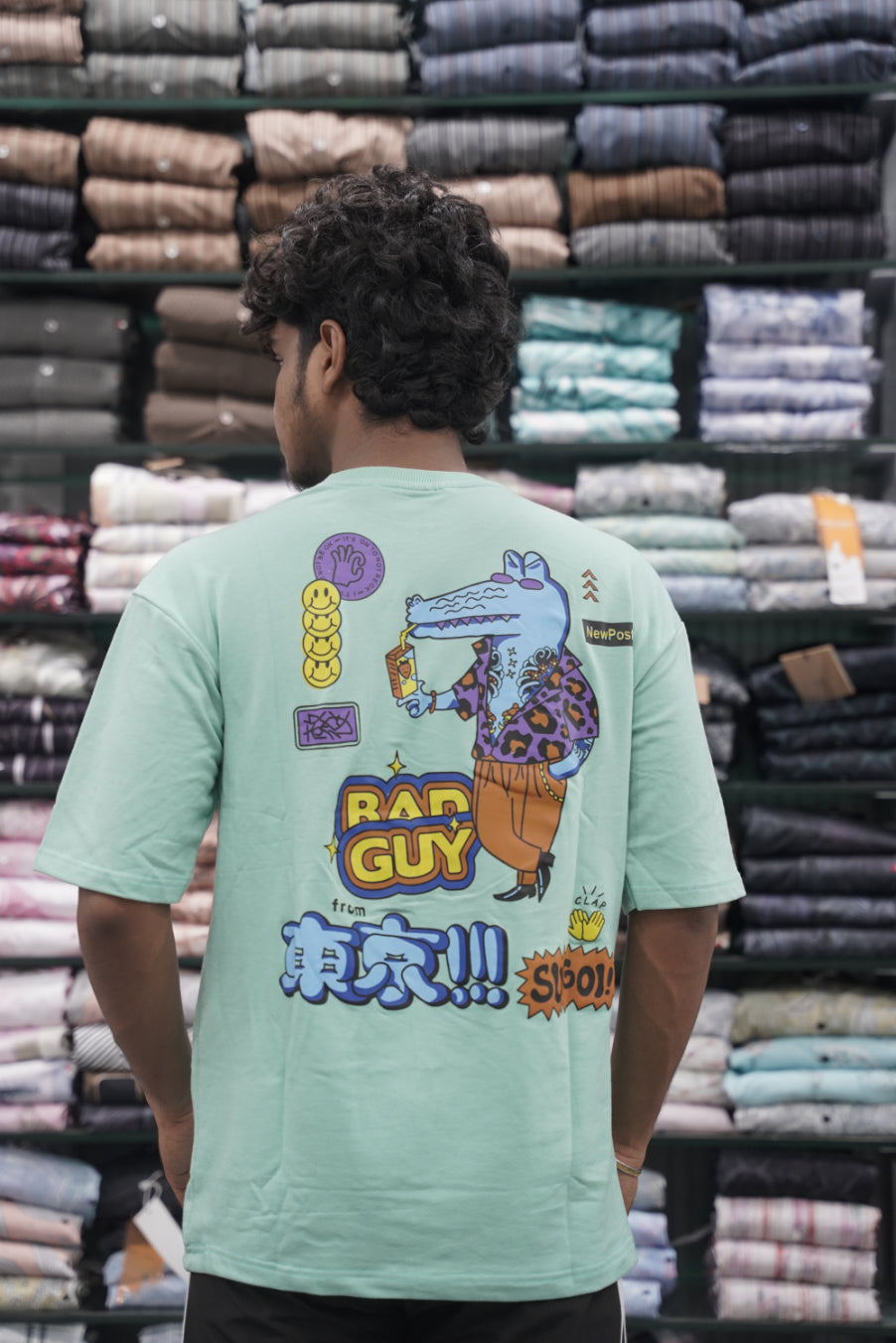 Five Sleeve Round Neck BAD GUY Printed Mens Tshirt - Green-7 Man