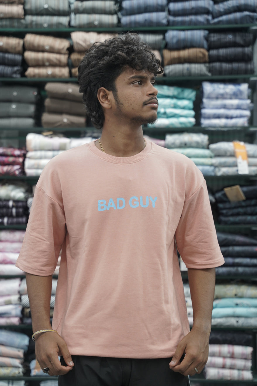 Five Sleeve Round Neck BAD GUY Printed Mens Tshirt - Peach-7 Man