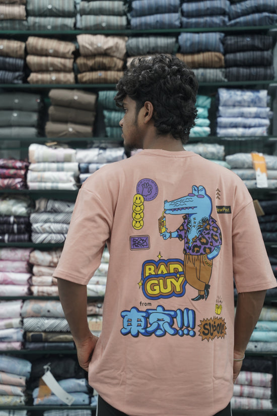 Five Sleeve Round Neck BAD GUY Printed Mens Tshirt - Peach-7 Man