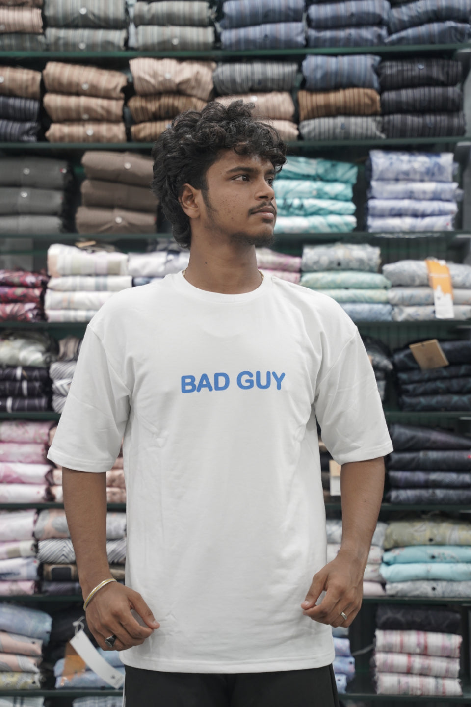 Five Sleeve Round Neck BAD GUY Printed Mens Tshirt - White-7 Man