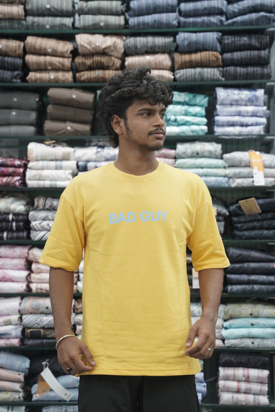 Five Sleeve Round Neck BAD GUY Printed Mens Tshirt - Yellow-7 Man