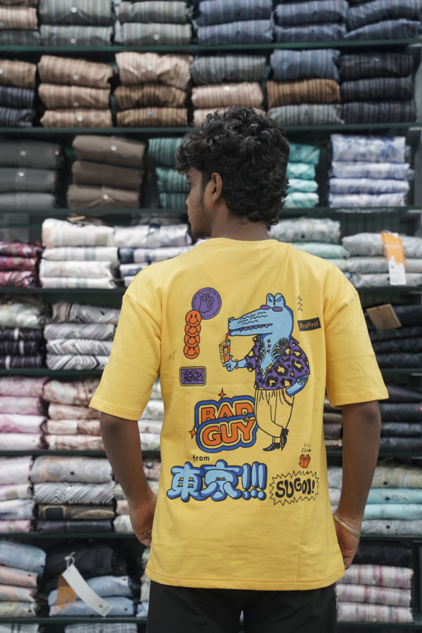 Five Sleeve Round Neck BAD GUY Printed Mens Tshirt - Yellow-7 Man