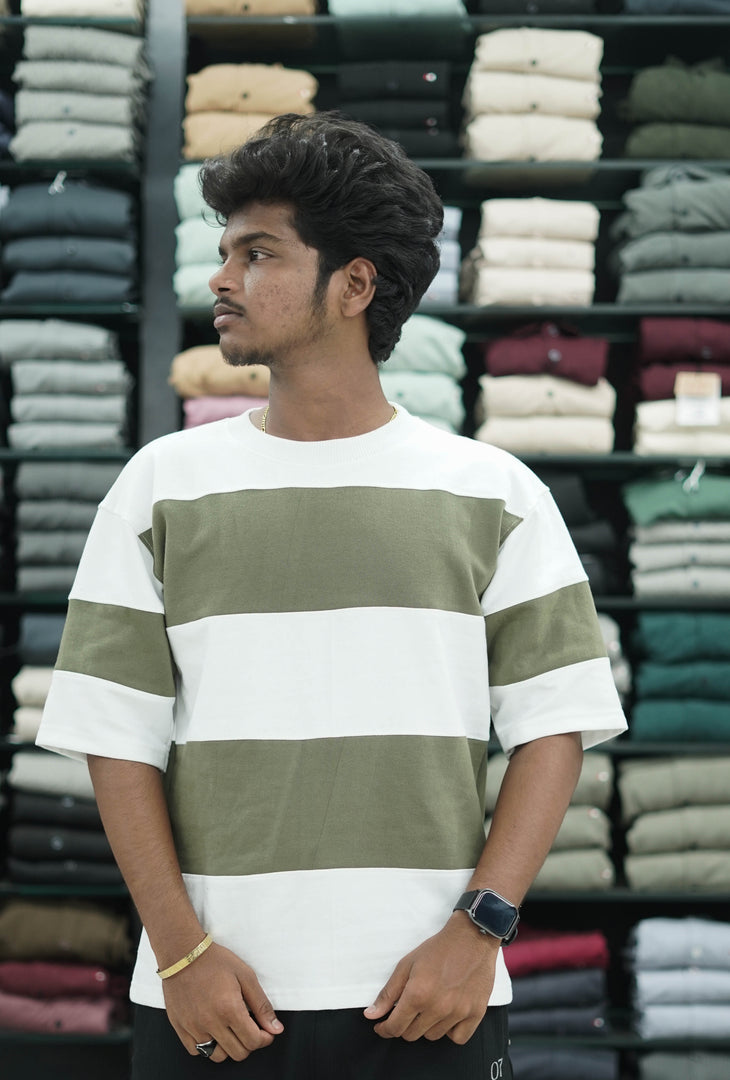 Five Sleeve Round Neck Cuttens Mens Tshirt - White and M.Green