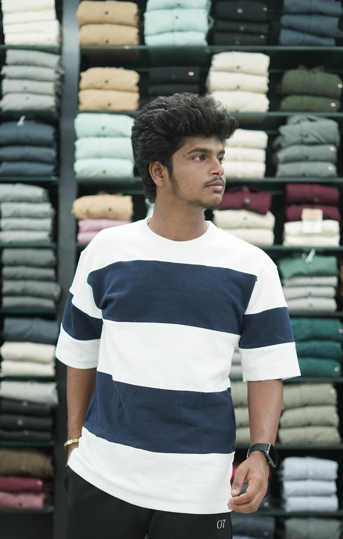 Five Sleeve Round Neck Cuttens Mens Tshirt - White and Navy Blue