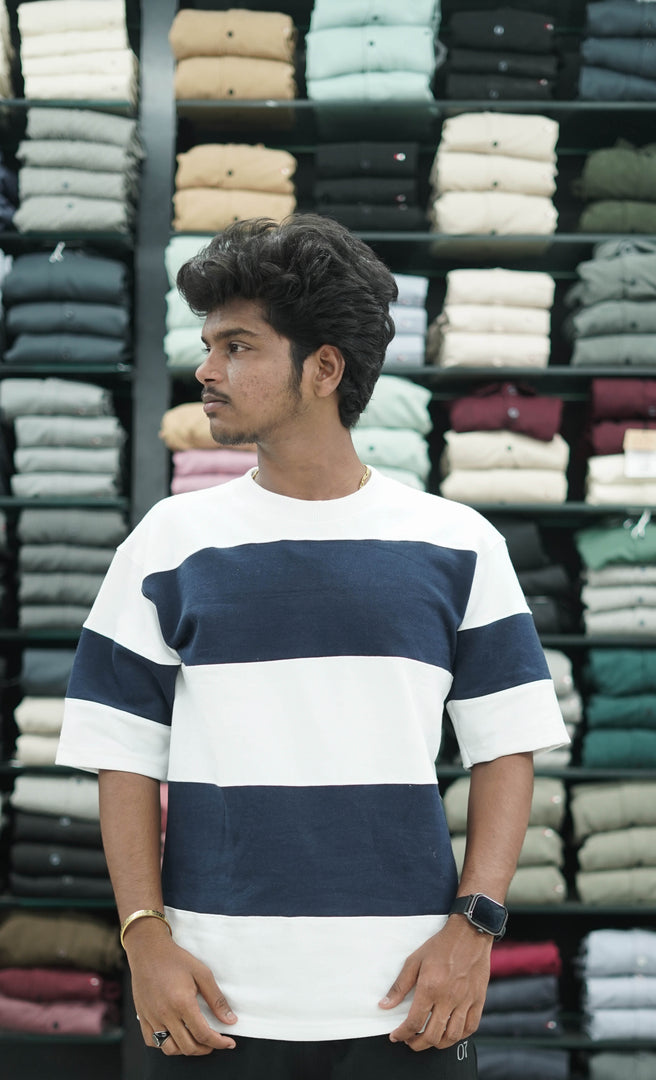 Five Sleeve Round Neck Cuttens Mens Tshirt - White and Navy Blue