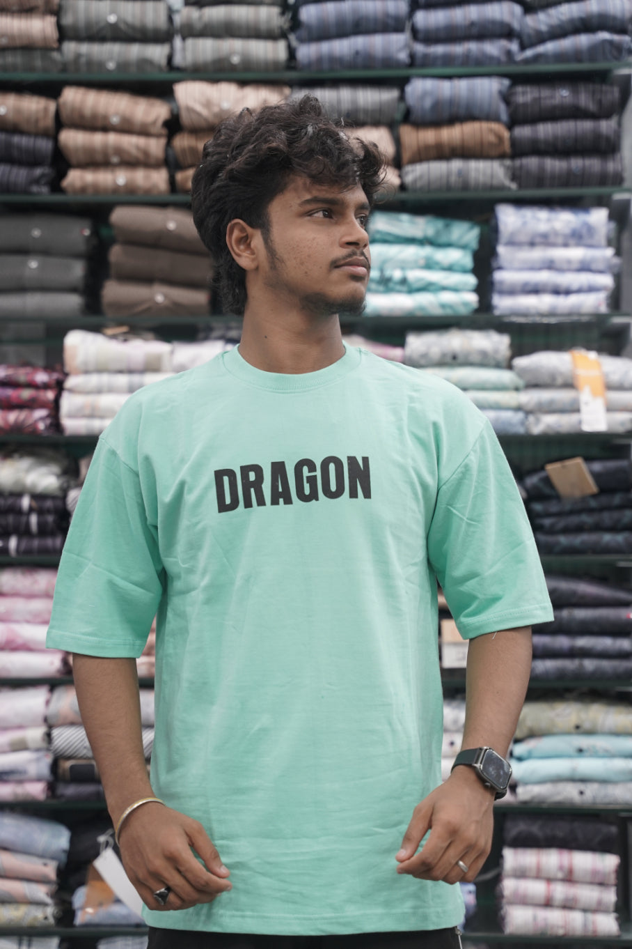 Five Sleeve Round Neck DRAGON Printed Mens Tshirt - Green-7 Man