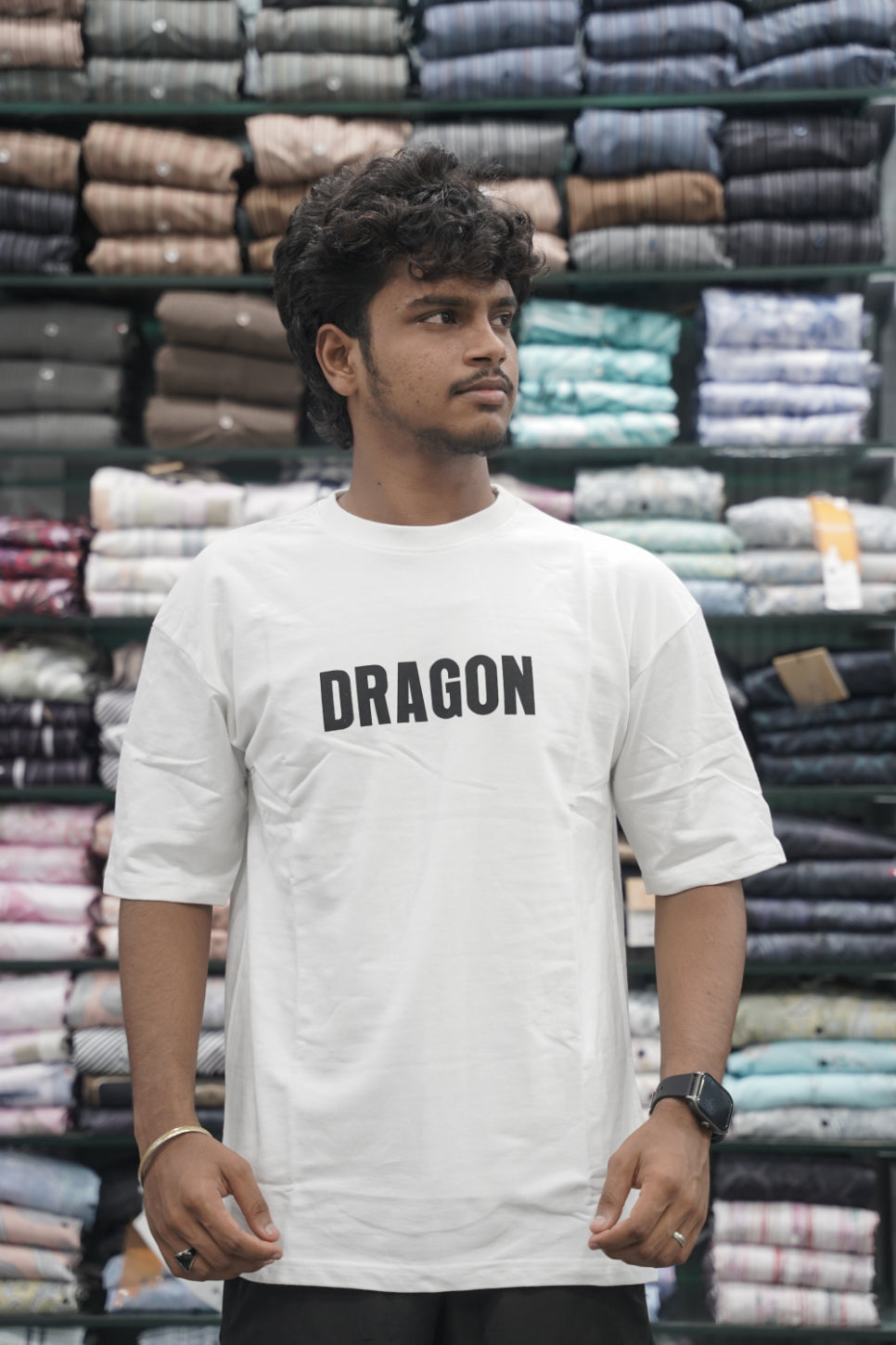 Five Sleeve Round Neck DRAGON Printed Mens Tshirt - White-7 Man