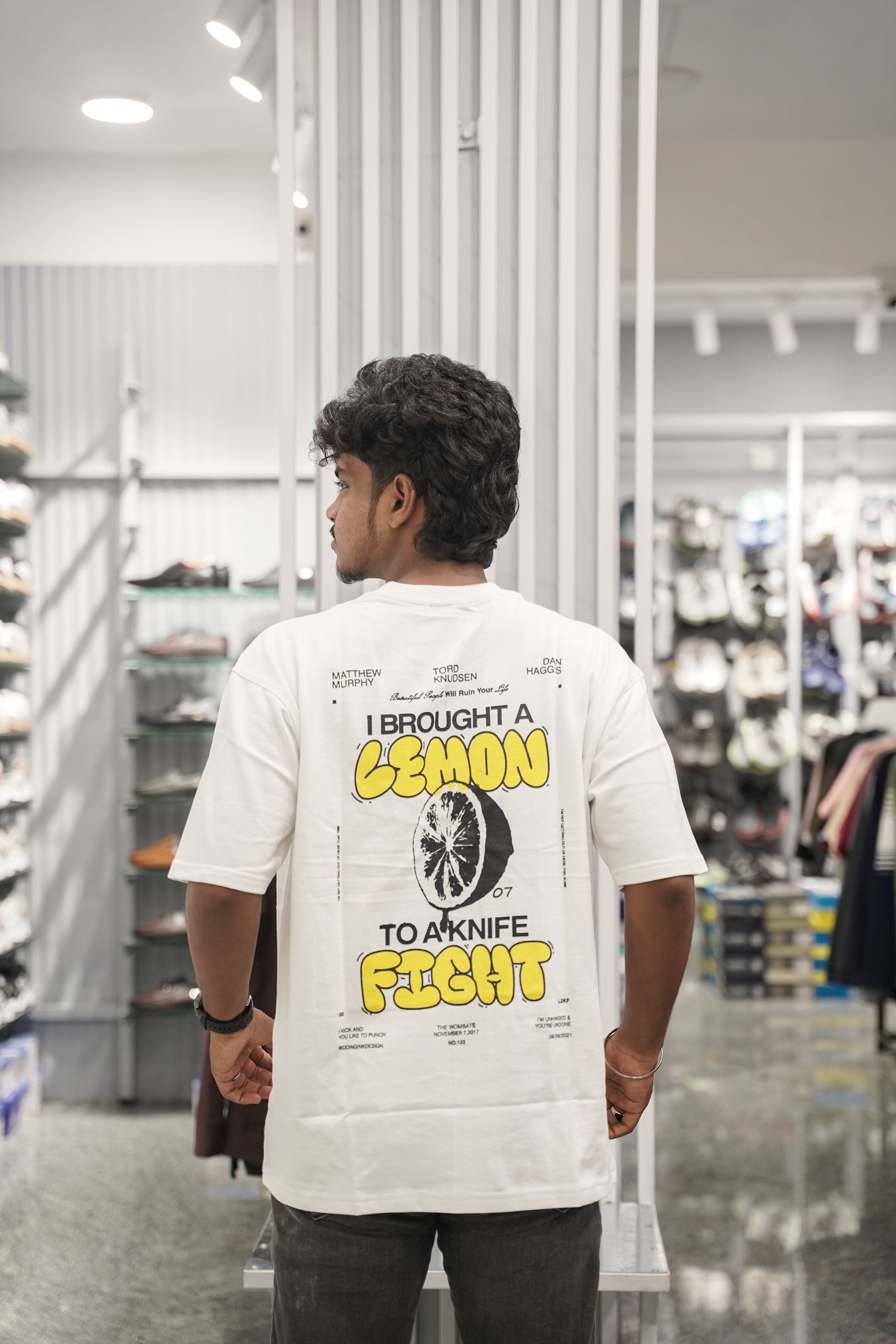 Five Sleeve Round Neck LEMON Printed Mens Tshirt - White-7 Man