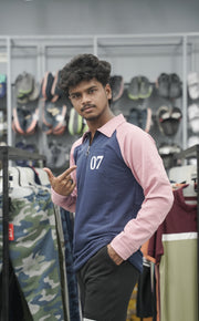 Full Sleeve Collar Neck Zipper Korean 07 Tshirt for Men - Navy Blue-7 Man