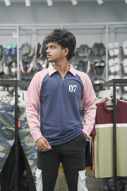 Full Sleeve Collar Neck Zipper Korean 07 Tshirt for Men - Navy Blue-7 Man