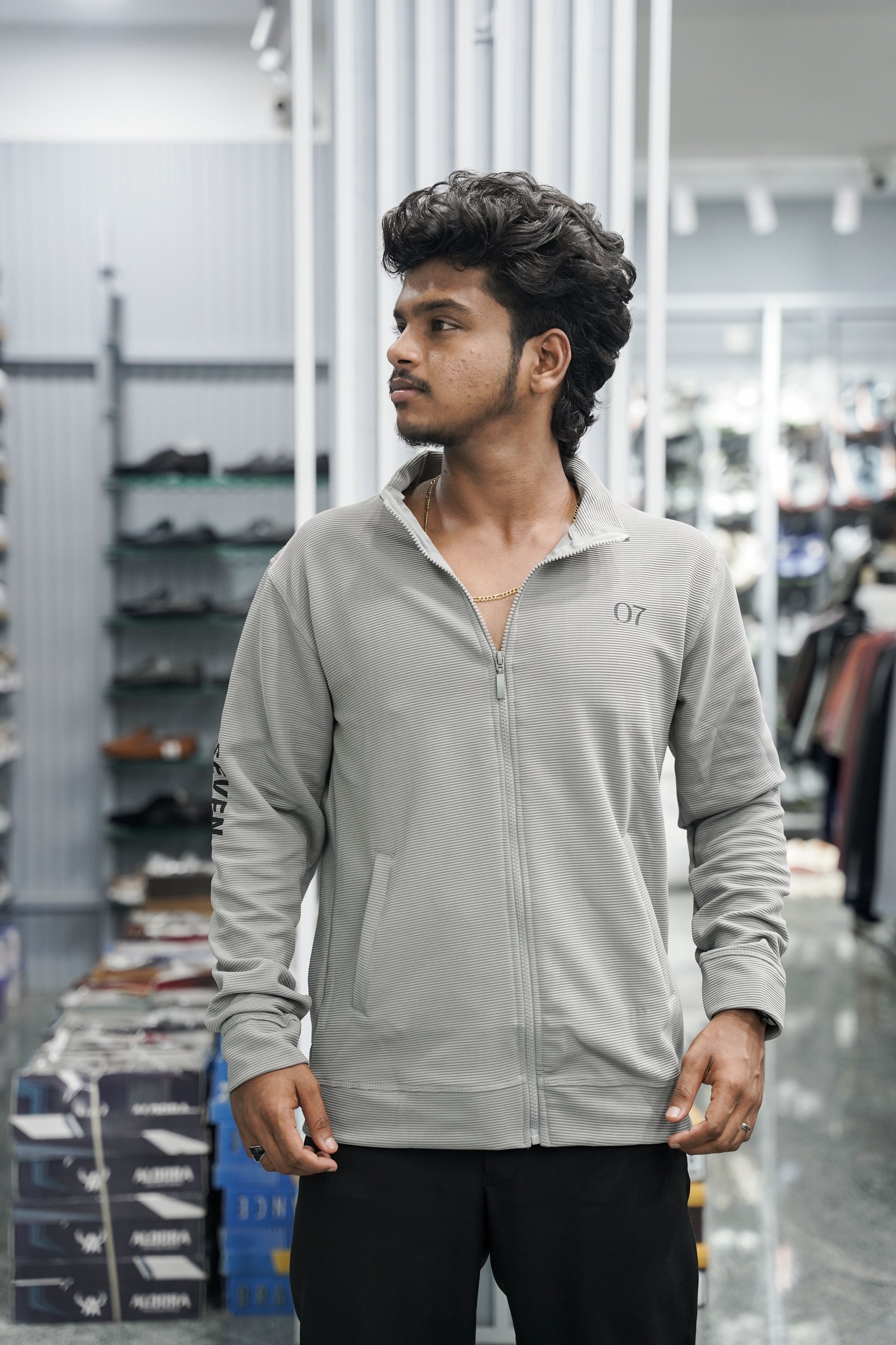 Full Sleeve High Neck Full Zipper Korean Tshirt for Men - Ash