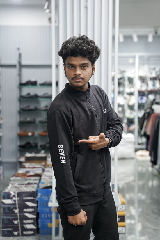 Full Sleeve High Neck Full Zipper Korean Tshirt for Men - Black