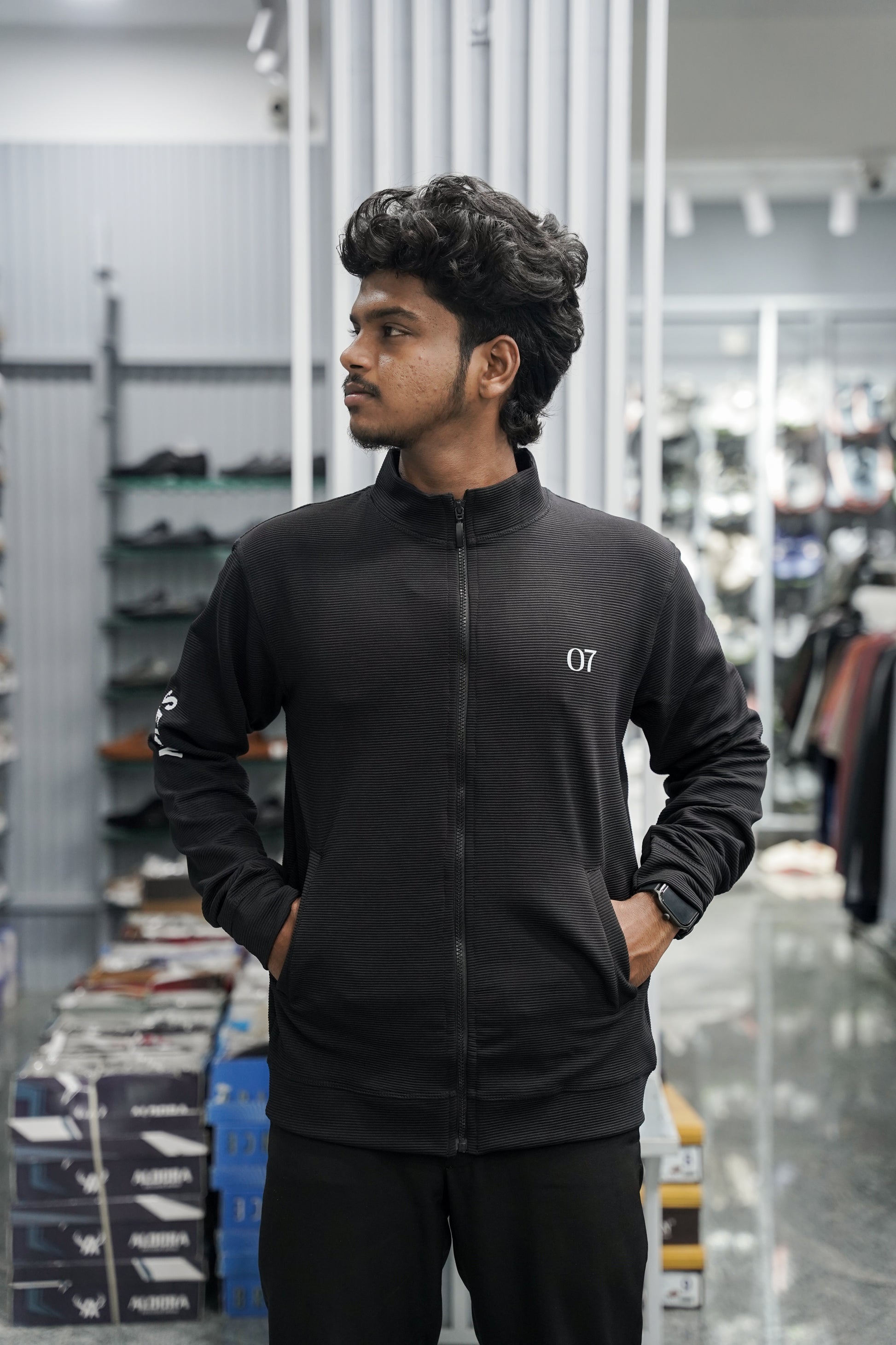 Full Sleeve High Neck Full Zipper Korean Tshirt for Men - Black