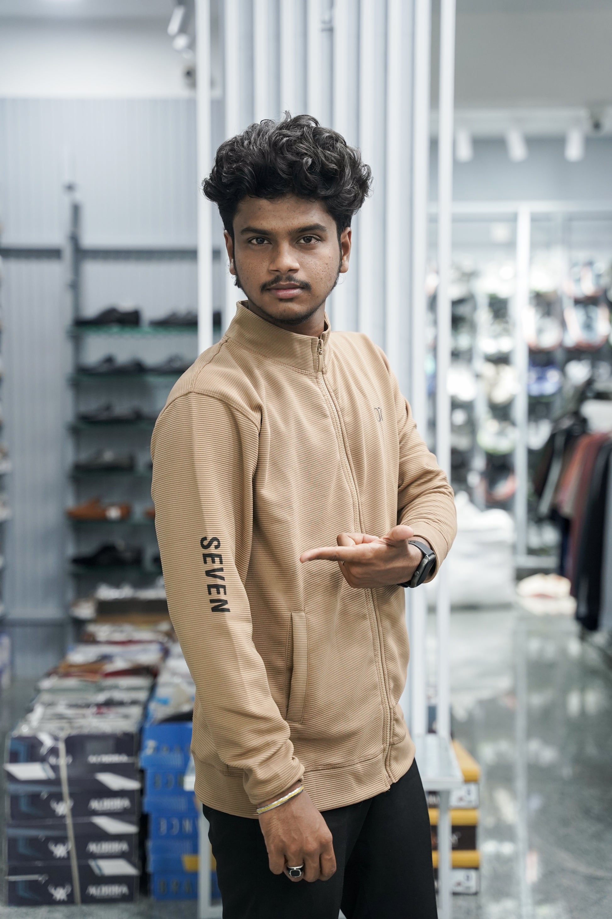 Full Sleeve High Neck Full Zipper Korean Tshirt for Men - Brown