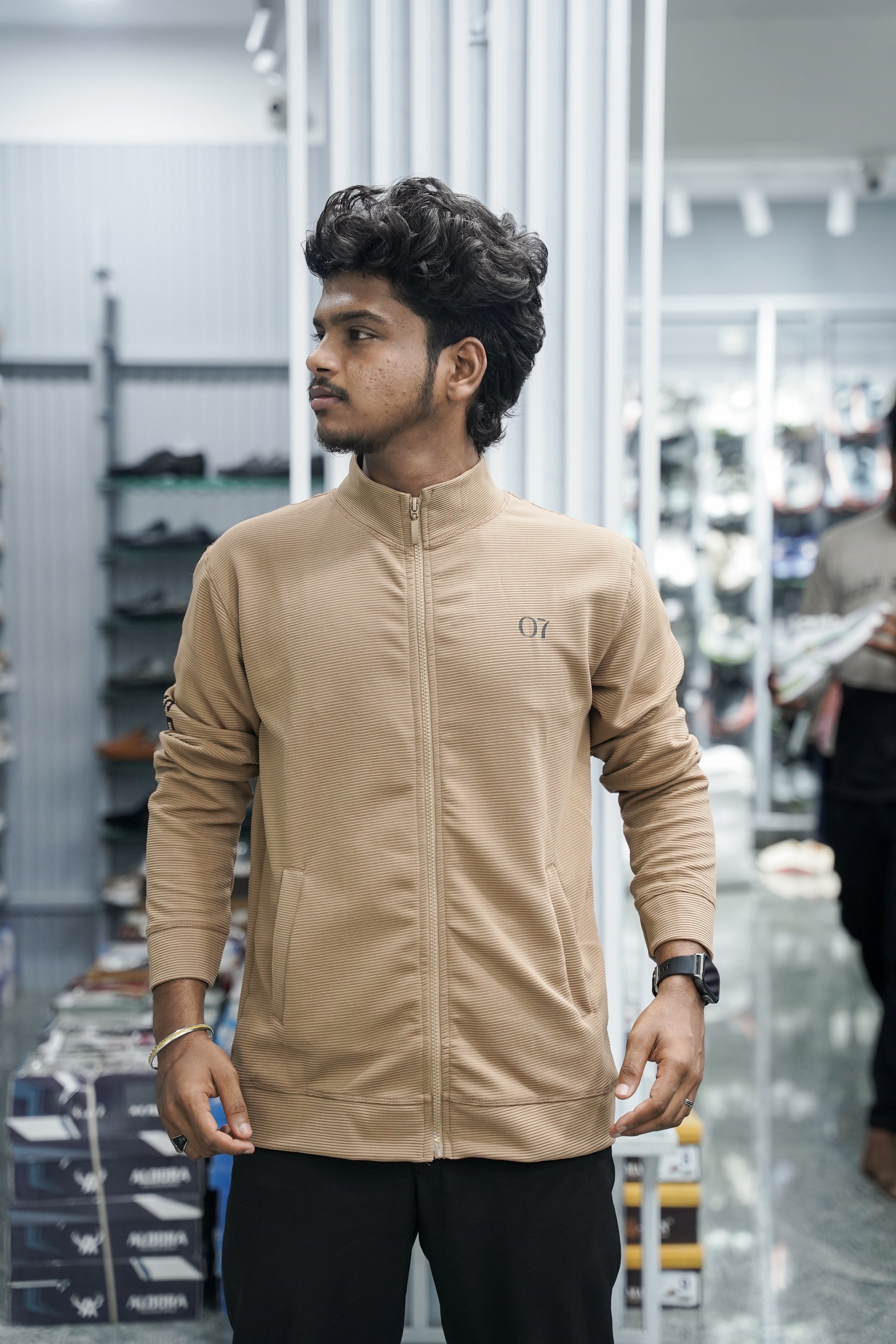 Full Sleeve High Neck Full Zipper Korean Tshirt for Men - Brown