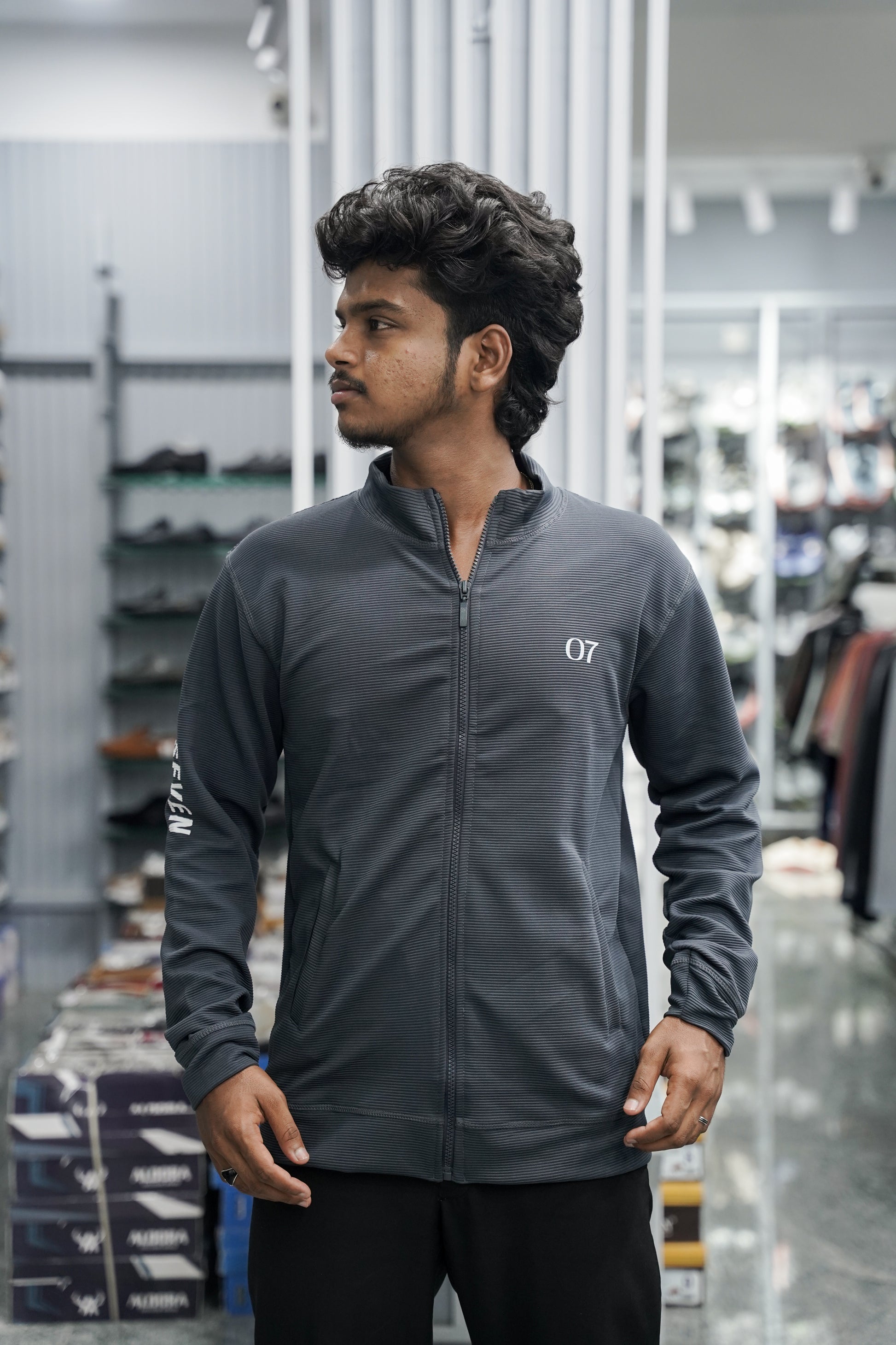 Full Sleeve High Neck Full Zipper Korean Tshirt for Men - Dark Grey