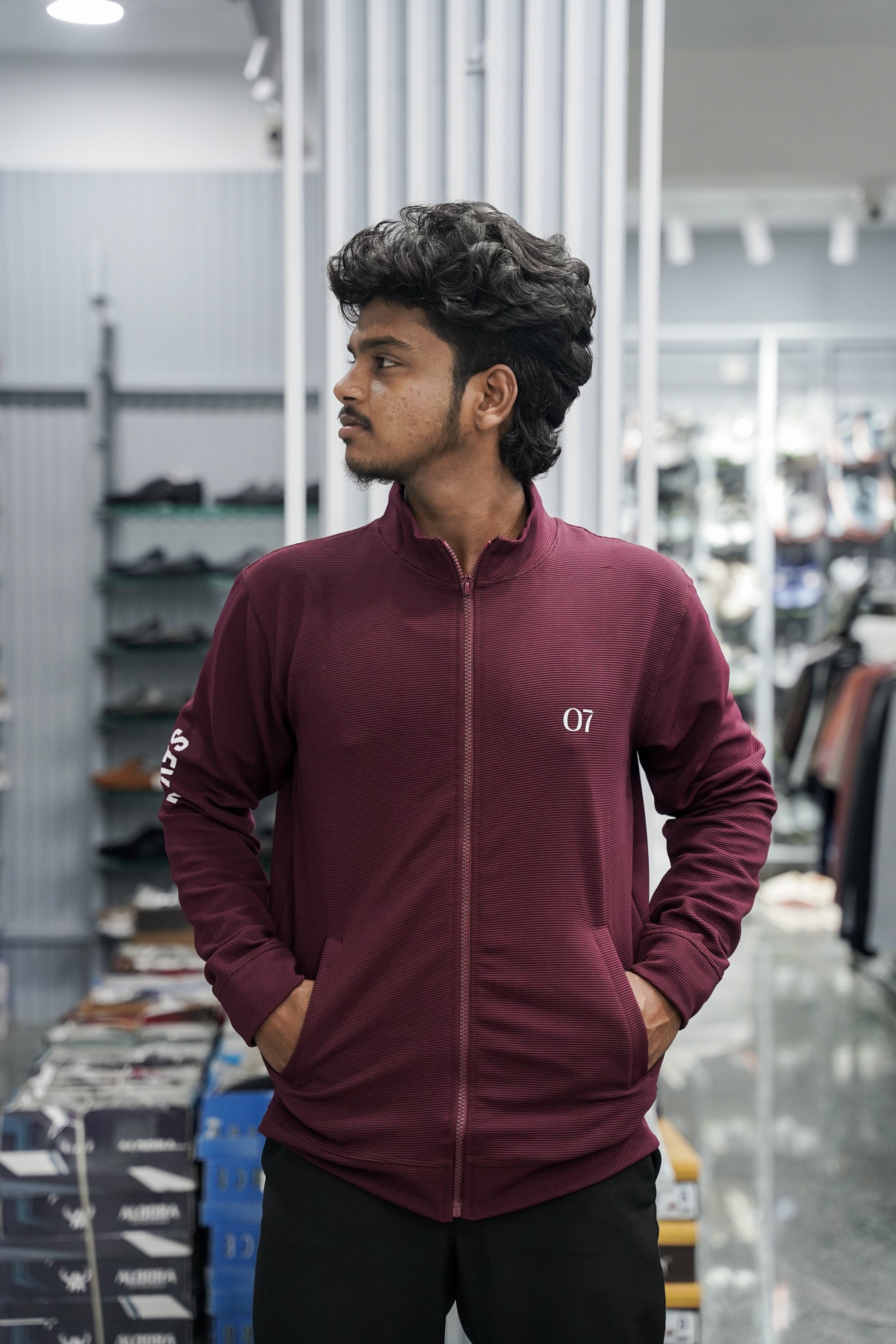 Full Sleeve High Neck Full Zipper Korean Tshirt for Men - Maroon