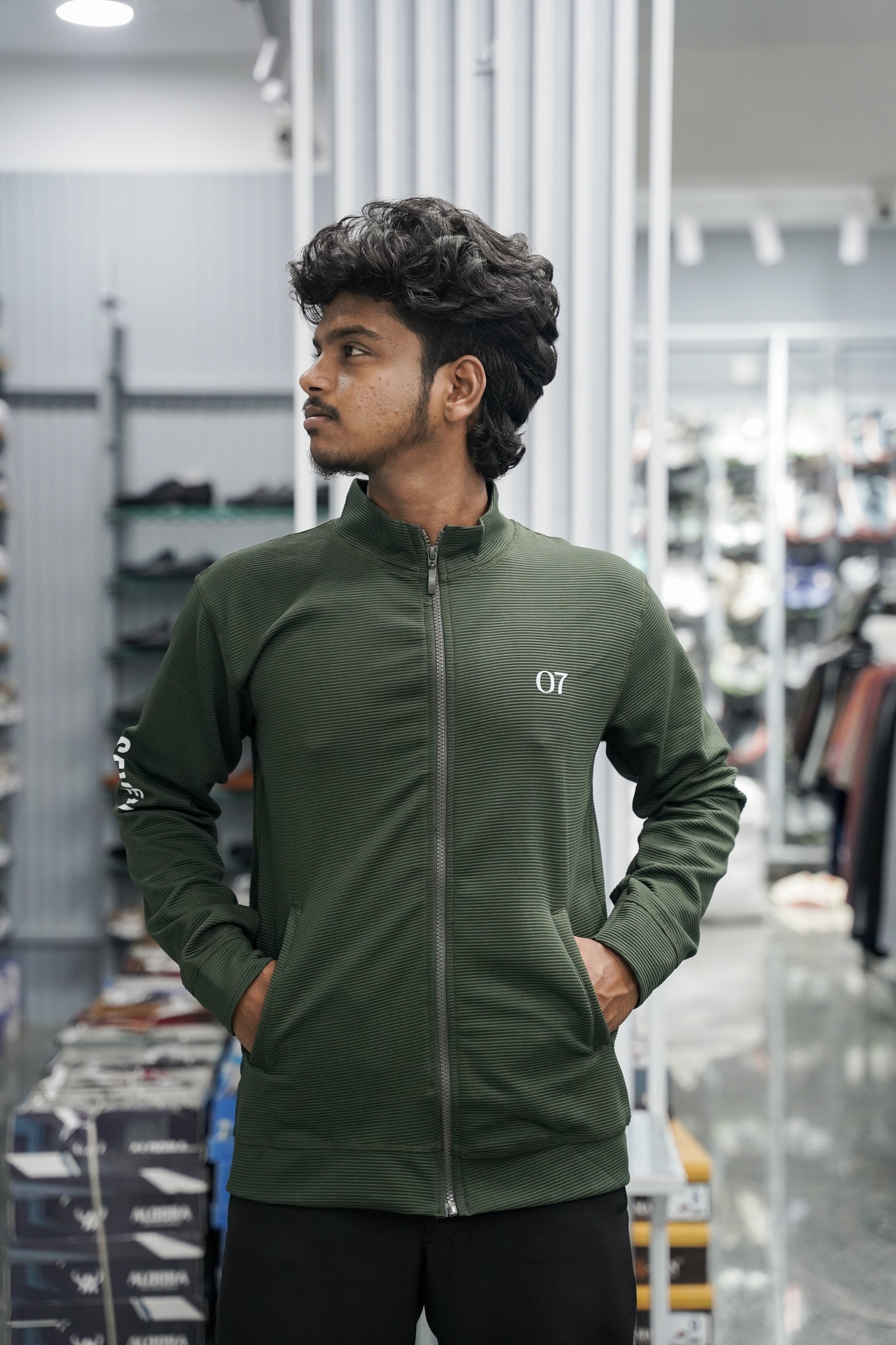 Full Sleeve High Neck Full Zipper Korean Tshirt for Men - Mehandi Green
