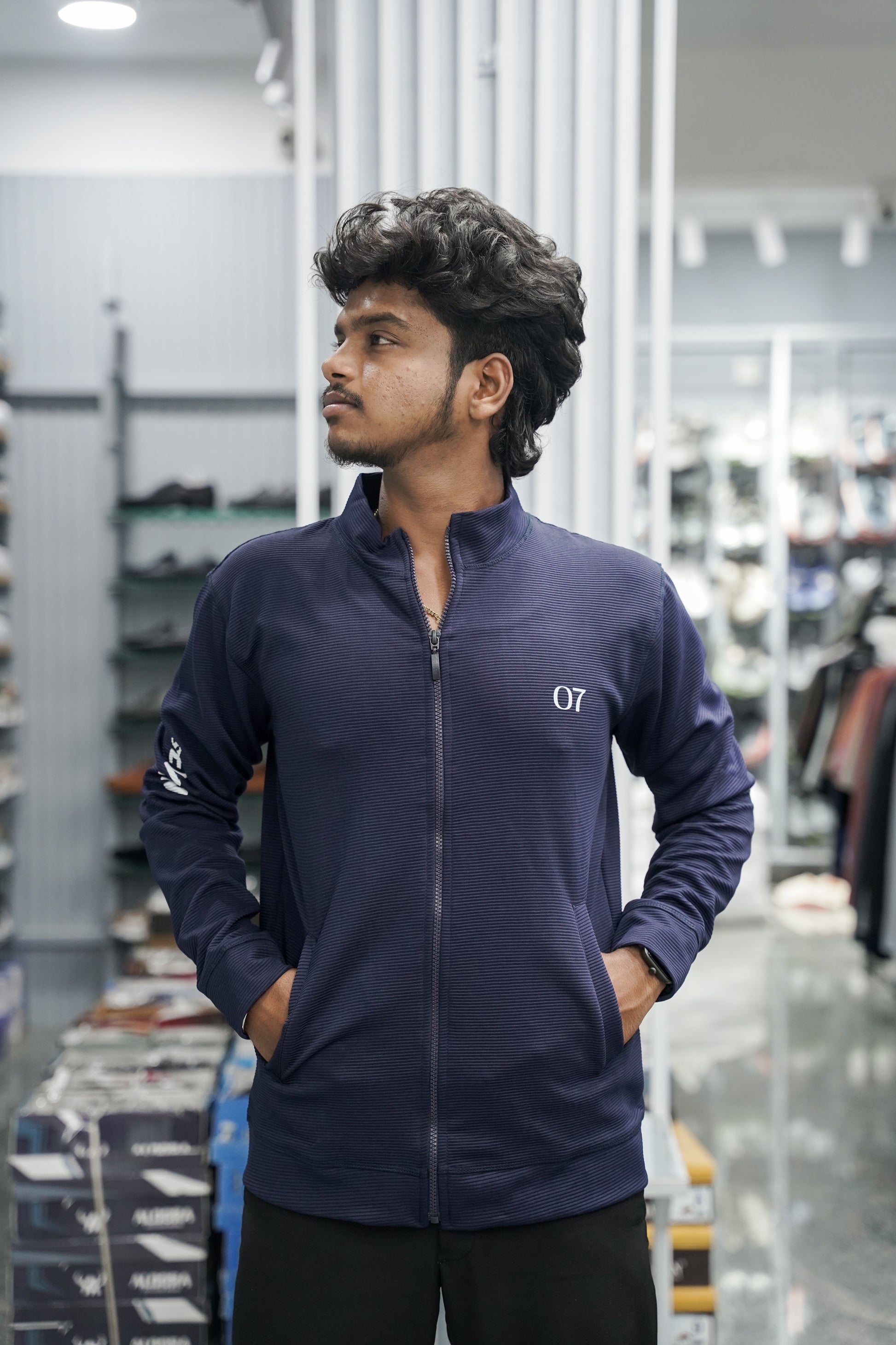 Full Sleeve High Neck Full Zipper Korean Tshirt for Men - Navy Blue