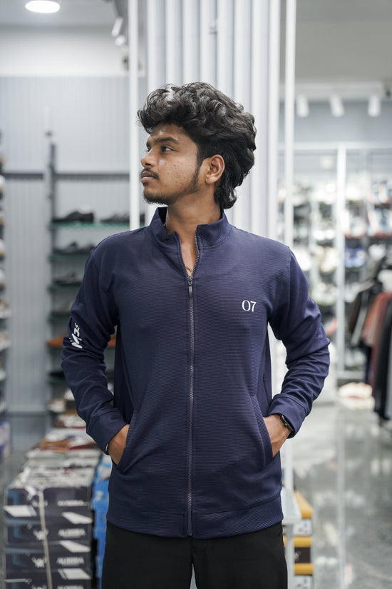 Full Sleeve High Neck Full Zipper Korean Tshirt for Men - Navy Blue
