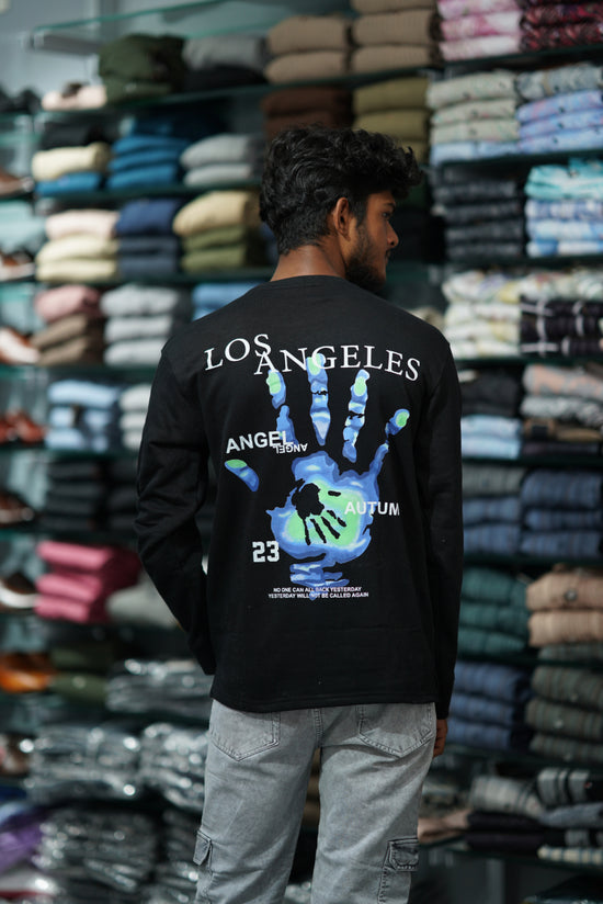Full Sleeve LOS ANGELES Back Printed Round Neck Mens Tshirt - Black-7 Man