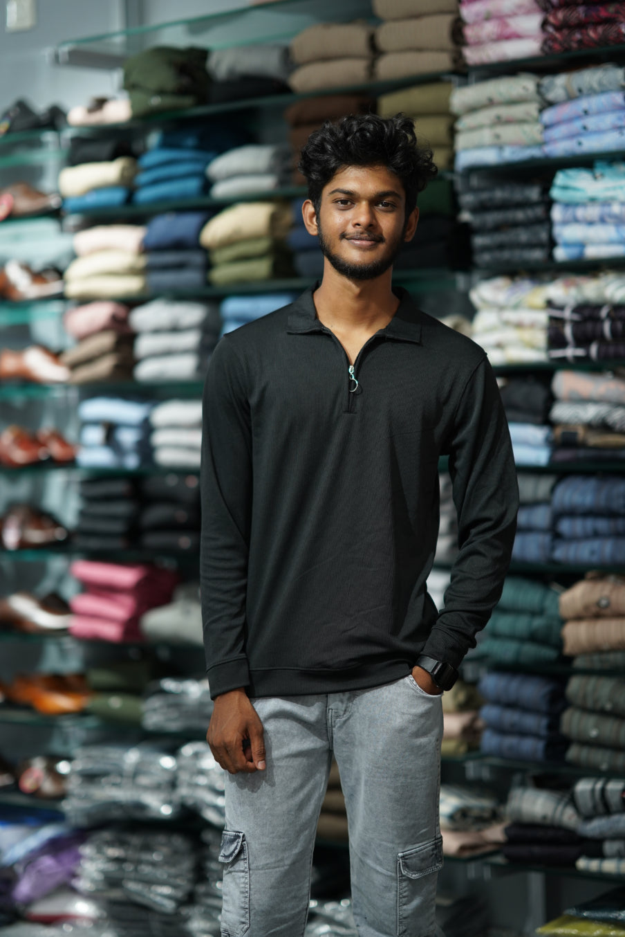 Full Sleeve MARIO RIB Korean Zipper Tshirt - Black-7 Man