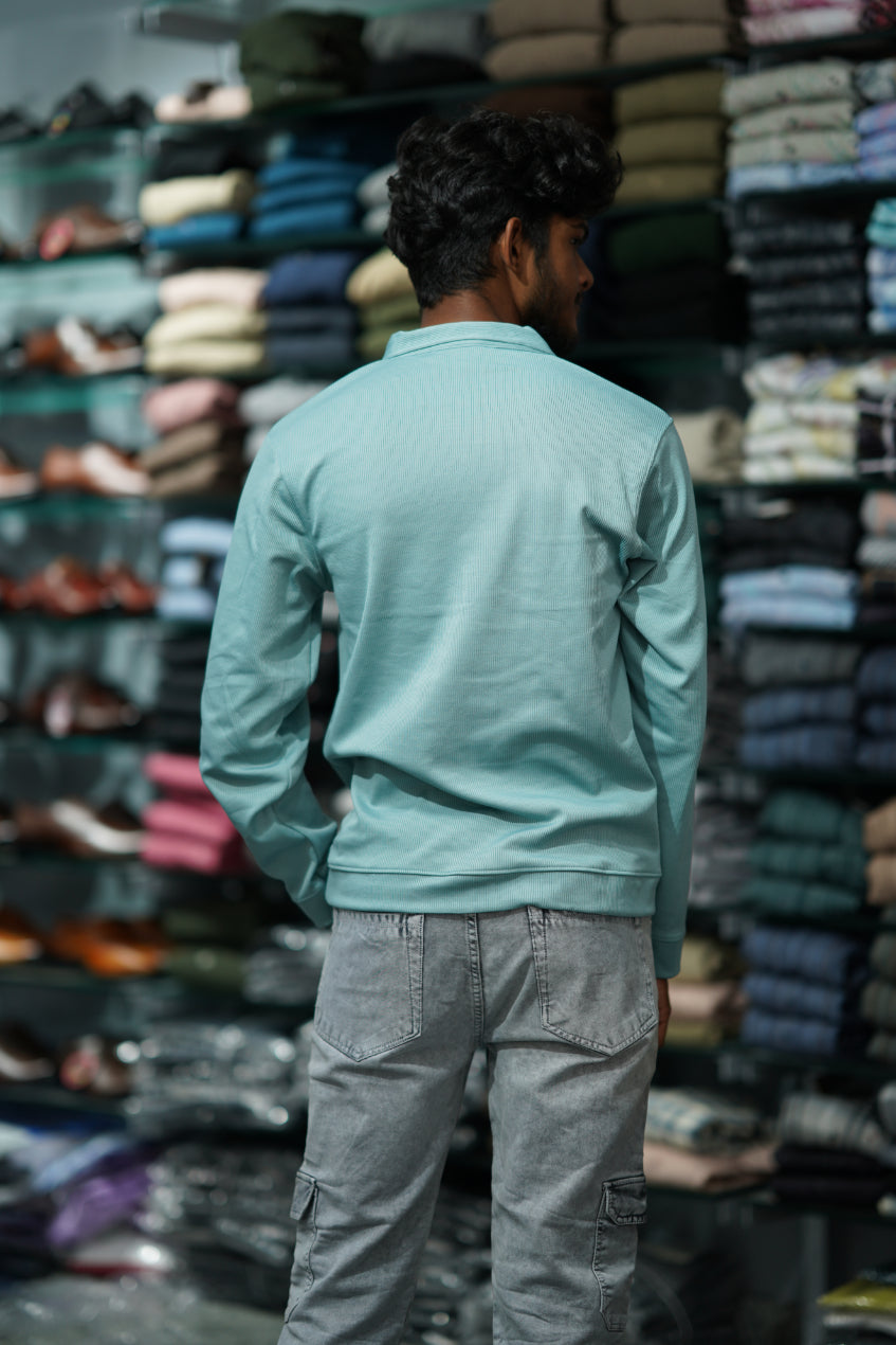 Full Sleeve MARIO RIB Korean Zipper Tshirt - Light Blue-7 Man
