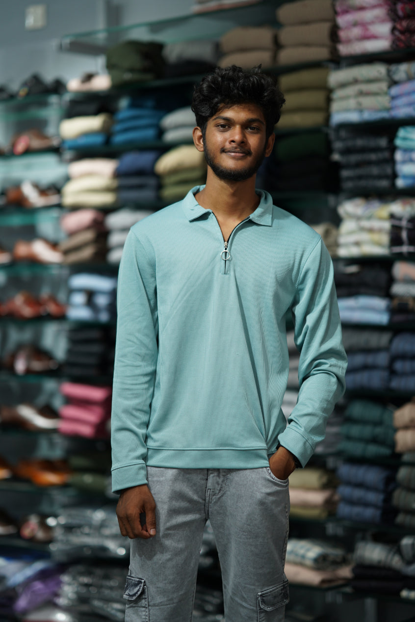 Full Sleeve MARIO RIB Korean Zipper Tshirt - Light Blue-7 Man