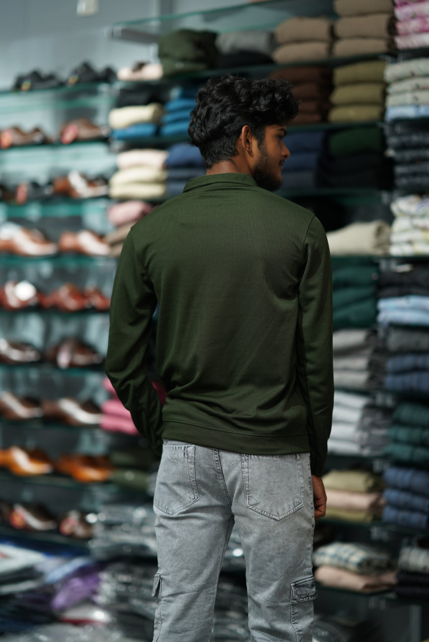 Full Sleeve MARIO RIB Korean Zipper Tshirt - Mahendhi Green-7 Man