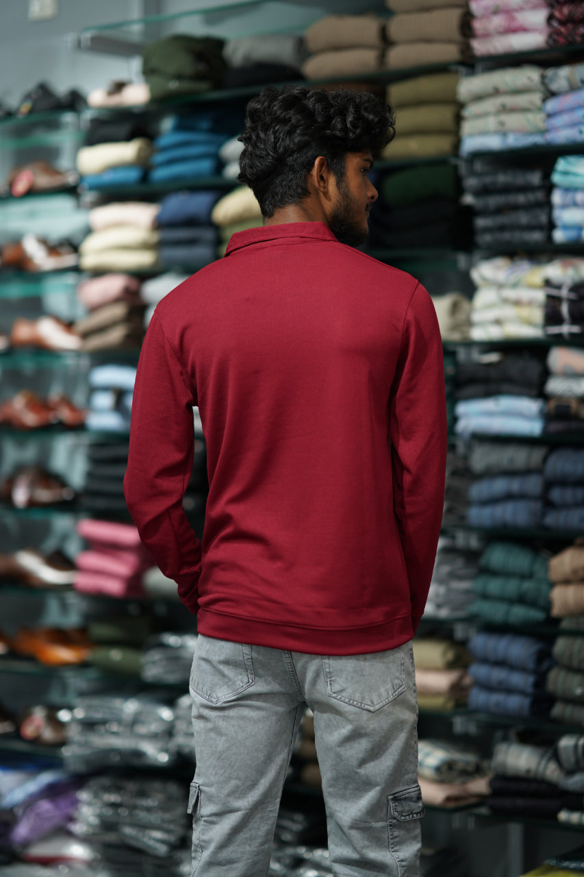 Full Sleeve MARIO RIB Korean Zipper Tshirt - Maroon-7 Man