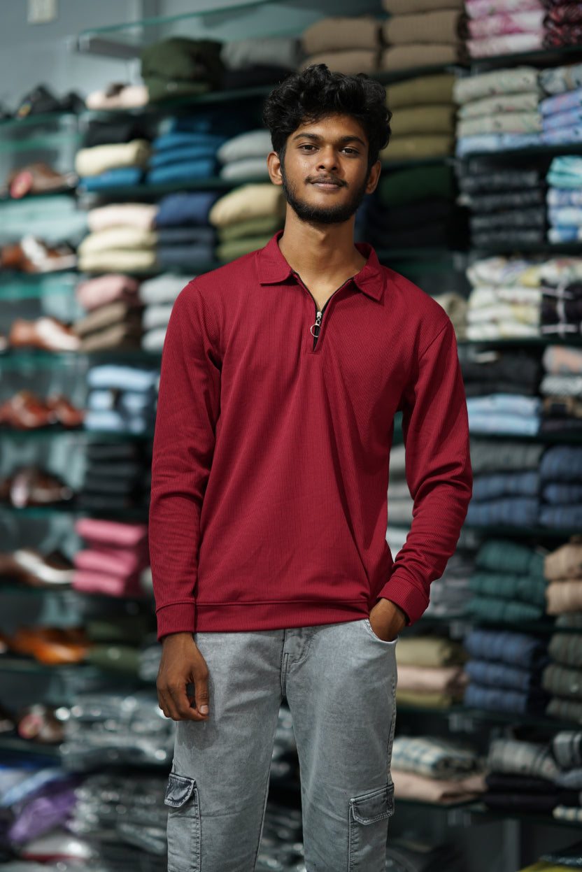 Full Sleeve MARIO RIB Korean Zipper Tshirt - Maroon-7 Man