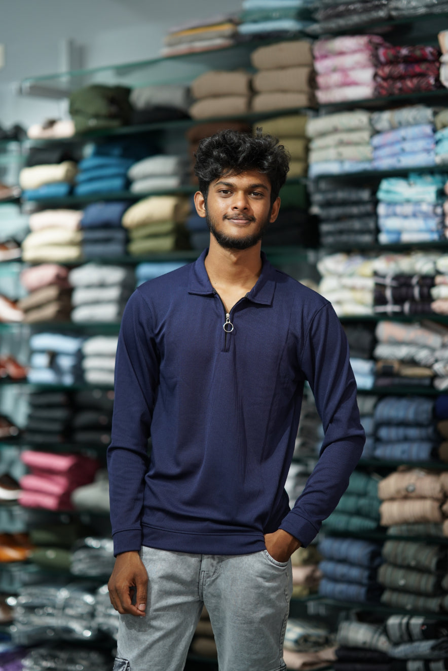 Full Sleeve MARIO RIB Korean Zipper Tshirt - Navy Blue-7 Man
