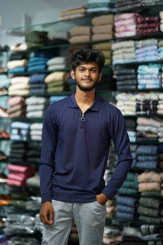 Full Sleeve MARIO RIB Korean Zipper Tshirt - Navy Blue-7 Man