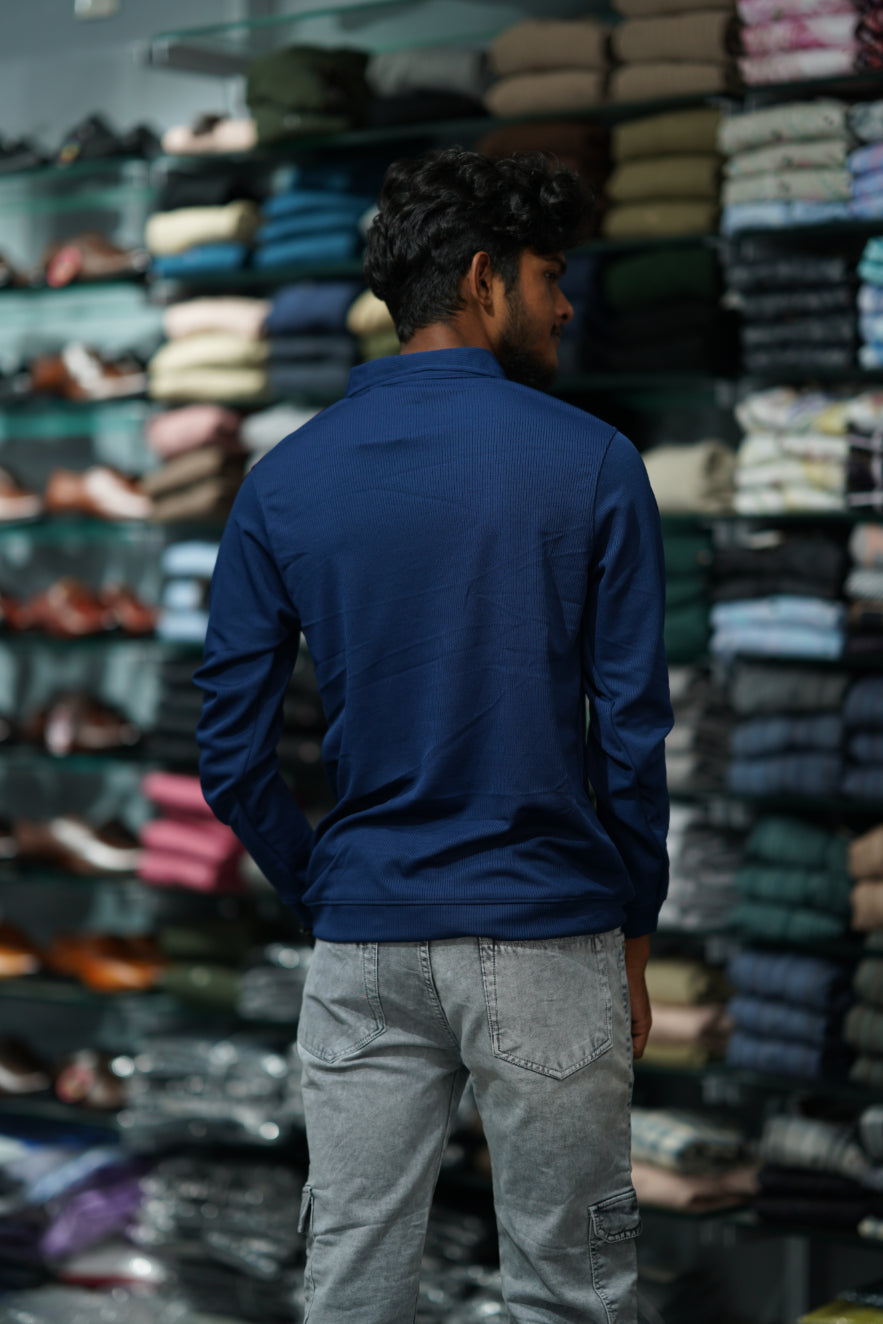Full Sleeve MARIO RIB Korean Zipper Tshirt - Petrol Blue-7 Man