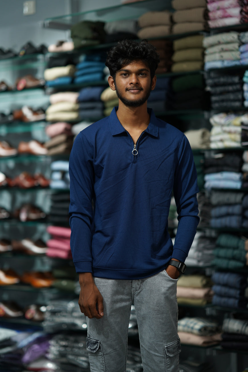 Full Sleeve MARIO RIB Korean Zipper Tshirt - Petrol Blue-7 Man