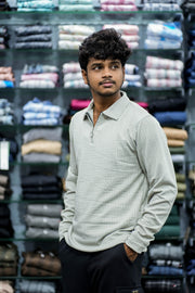 Full Sleeve Men's Casual Wear Textured Zipper Collar T- Shirt – Ash-7 Man