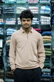 Full Sleeve Men's Casual Wear Square Zipper Collar T- Shirt – Peach-T-Shirt-7 Man